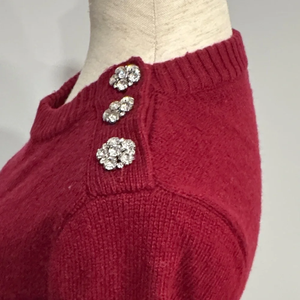 J Crew Red Sweater with Embellished Flower Rhinestone Shoulder Detail XS